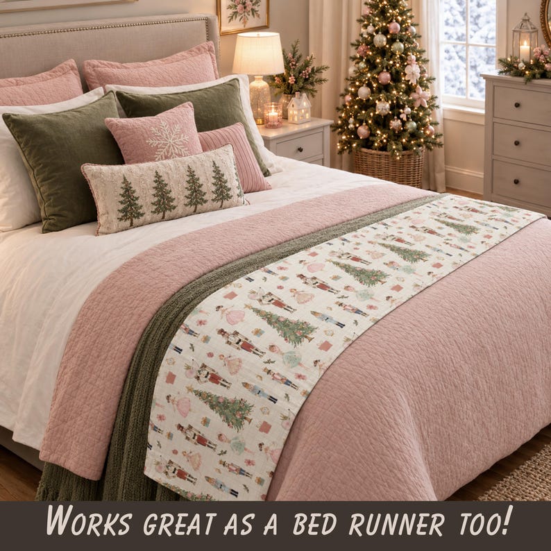 Nutcracker Table Runner, Cozy Winter Decor, Pink Beige Ballet Christmas Accents, Holiday Dining, Cotton Bed Runner, Ballerina Gift image 9