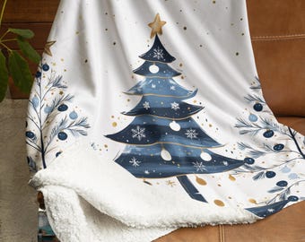 Winter Wonderland Blue Christmas Trees Sherpa Fleece Blanket | Starry Skies Cozy Throw | Seasonal Holiday Xmas Home Décor | Roommate Gift