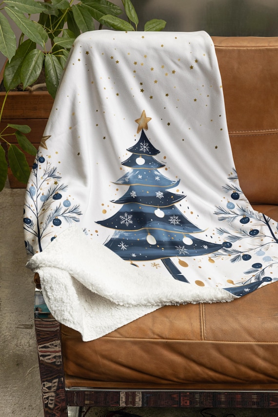 Winter Wonderland Blue Christmas Trees Sherpa Fleece Blanket | Starry Skies Cozy Throw | Seasonal Holiday Xmas Home Décor | Roommate Gift