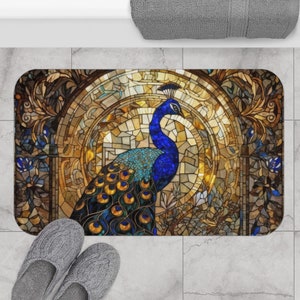 Art Deco Peacock Mosaic Bath Mat | Colorful Stained Glass Design Bathroom Décor | Kitchen Floor Mat | Blue Gold Ivory | Unique Custom Birds