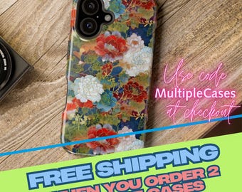 MagSafe Compatible Tough Phone Case fits iPhone 17 Air 16 15 14 13 Plus Pro Max Mini | Chiyogami Flowers Blue Green Red Bold Japanese Floral