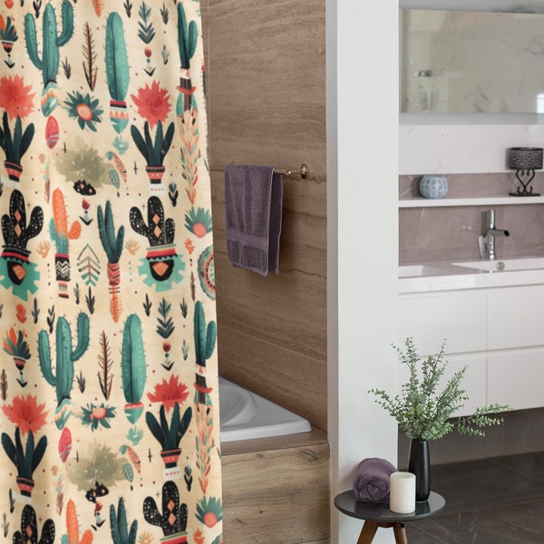 SW Floral Cactus Shower Curtain | Colorful Bathroom Décor | Cream Green Orange Turquoise | Bohemian Desert Flowers Aesthetic Bath Sets Mats