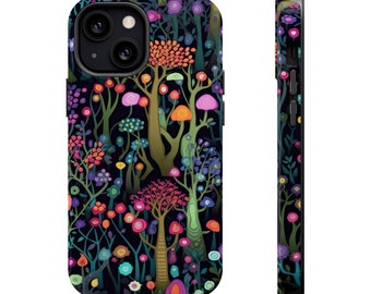 Enchanted Forest Phone Case | MagSafe Compatible fits iPhone 15 14 13 Pro Plus Max Mini | Trippy Trees Flowers Mushrooms | Colorful Black