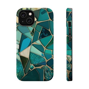 Sea Glass Agate Mosaic Tough Phone Case | MagSafe Compatible fits iPhone 14 13 Pro Plus Max Mini | Jade Teal Seafoam Green Geode Aesthetic