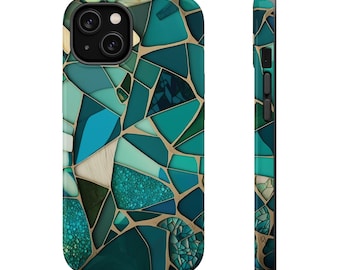 Sea Glass Agate Mosaic Tough Phone Case | MagSafe Compatible fits iPhone 14 13 Pro Plus Max Mini | Jade Teal Seafoam Green Geode Aesthetic