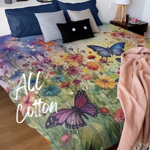 Katoenen dekbedovertrek met wilde bloemen en vlinders | Kleurrijke bloemen esthetische sprei | Tuinbloem Botanisch beddengoed | Groenblauw, op de natuur geïnspireerd