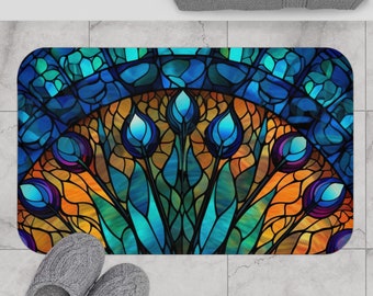 Peacock Feathers Stained Glass Effect Bath Mat | Colorful Bathroom Décor Mosaic Home Décor | Blue Green Orange Kitchen Floor Mat Indoor Mat