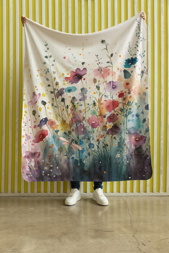 Sherpa Fleece Blanket | Soft Plush Cozy Fall Winter Floral Throw Blanket | Watercolor Wildflowers Garden Flowers | Roommate Gift for Her