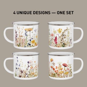 May include: A set of four white enamel mugs with silver rims, each featuring a distinct watercolor-style wildflower print. The text 4 UNIQUE DESIGNS &mdash; ONE SET is displayed above the mugs, which showcase various floral arrangements in yellow, red, and blue.