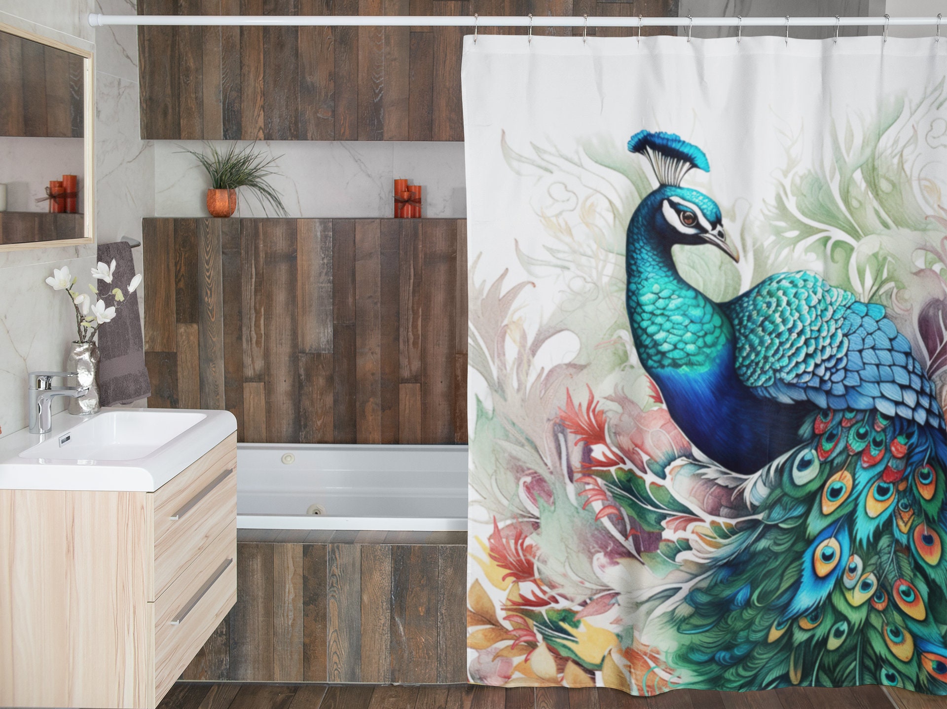 Mystical Peacock Shower Curtain Colorful Bathroom Decor Blue Green White Exotic Birds Maximalist Watercolor Floral Aesthetic Etsy