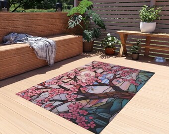 Outdoor Rug | Sakura Tree Cherry Blossom Stained Glass Design | Unique Patio Carpet Runner | Colorful Garden Flowers Butterfly Dragonfly