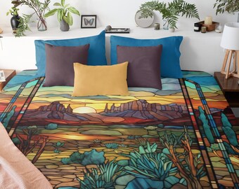 SW Desert Sunset Duvet Cover | Colorful Stained Glass Effect Queen Size Bedding | King Size Duvet Cover | Twin XL Dorm | Brown Green Orange