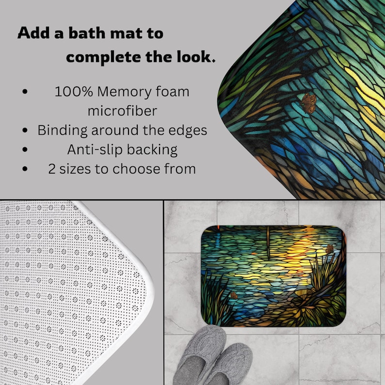 Puede incluir: Una alfombra de ba&ntilde;o con un dise&ntilde;o de vitral de una puesta de sol sobre un lago. La alfombra est&aacute; hecha de espuma viscoel&aacute;stica y microfibra con ribete alrededor de los bordes y un respaldo antideslizante. Est&aacute; disponible en dos tama&ntilde;os.