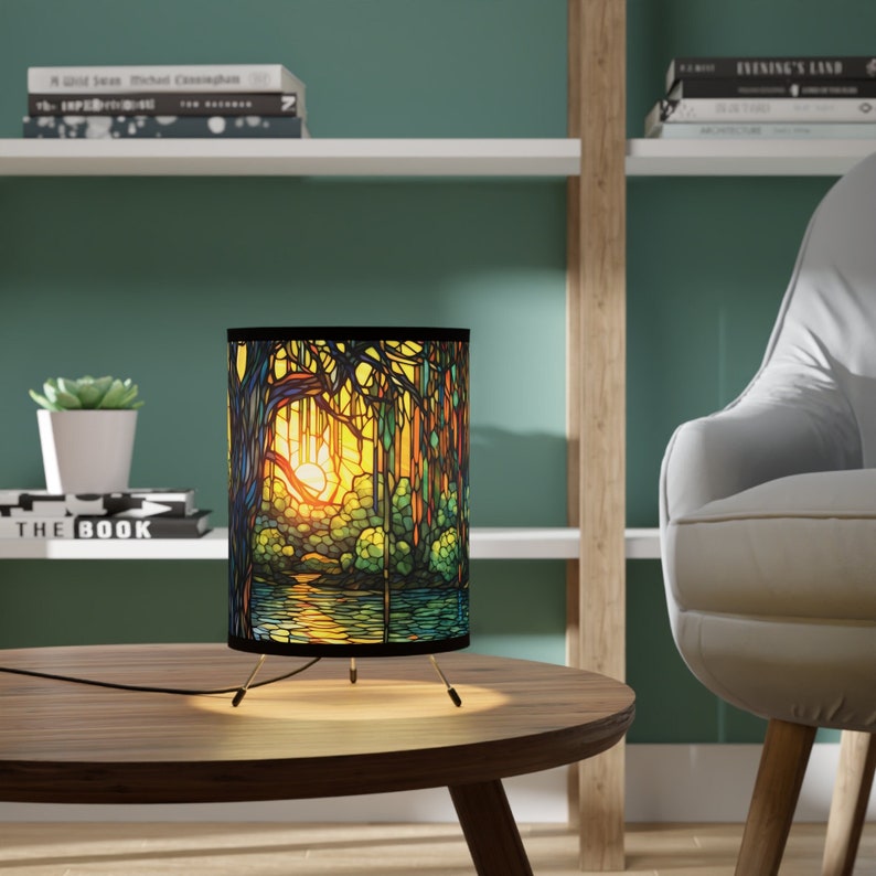 Lampe de table bayou en saule pleureur effet vitrail Paysage coloré au coucher du soleil Éclairage décoratif unique pour la maison Vert Orange Jaune image 1