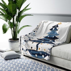 Winter Wonderland Blue Christmas Trees Sherpa Fleece Blanket | Starry Skies Cozy Throw | Seasonal Holiday Xmas Home Décor | Roommate Gift image 4