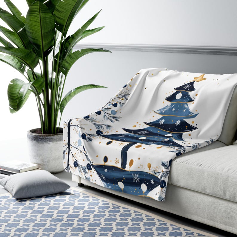 Winter Wonderland Blue Christmas Trees Sherpa Fleece Blanket | Starry Skies Cozy Throw | Seasonal Holiday Xmas Home Décor | Roommate Gift image 4