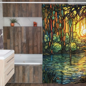 Weeping Willow Bayou Shower Curtain | Colorful Stained Glass Bath Set | Green Orange Blue Yellow | Lake Landscape Outdoors Garden Sunset