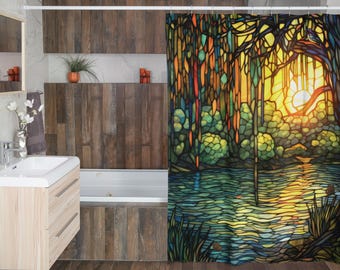 Cortina de ducha con estampado llamativo de sauce llorón / Juego de baño de vitral / Verde, naranja, azul, amarillo / Paisaje con atardecer