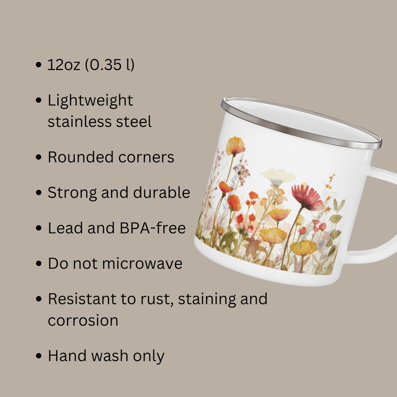May include: A white stainless steel mug with a 12oz capacity, featuring a colorful floral print of wildflowers. The mug has rounded corners and is lead and BPA-free. It is resistant to rust, staining, and corrosion. Hand wash only, do not microwave.