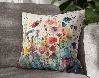 Wildflowers Throw Pillow & Cover | Floral Watercolor Accent Pillow | Cottagecore Boho Home Décor | Colorful Garden Flowers Square and Lumbar