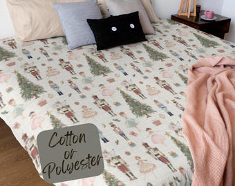 Nussknacker Bettbezug aus Baumwolle - Winter Dekor, Rosa Beige Ballett Design, Weihnachts Tagesdecke, Kinder Zwilling XL Bettwäsche, Pinkmas Bettbezug