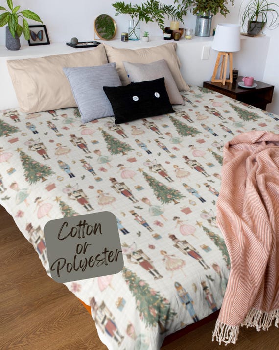 Nutcracker Cotton Duvet Cover - Cozy Winter Decor, Pink Beige Ballet Design, Christmas Bedspread, Kids Twin XL Bedding, Pinkmas Bed Cover