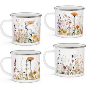 Wildflowers Enamel Camping Mug | Floral Garden Stainless Steel Coffee Cup | Watercolor Flowers | Camping Hiking Tailgating Roughing Supplies