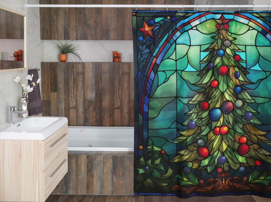 Stained Glass Design Shower Curtain | Christmas Tree Ornaments Bathroom ...