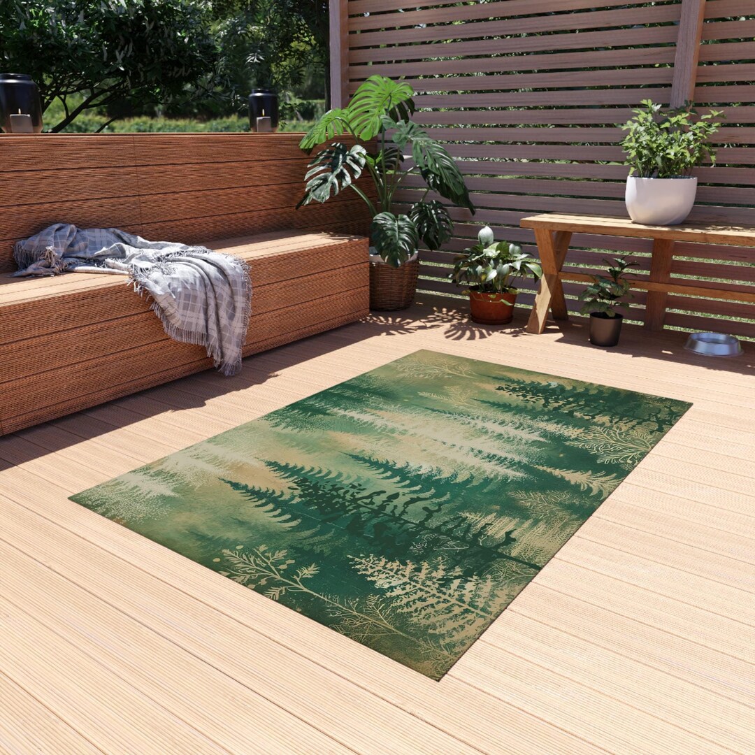 Natural Color Outdoor Rug Forest Outdoor Rug, Green Beige Nature Patio Rug Runner, Calming Pine ...