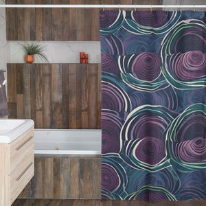 Duschvorhang | Bunte Aquarell Geometrische Kreise Badezimmer-Sets | Blau Grün Lila Pflaume Badematten | Einzigartig Maximal Dark Zeitgenössisch