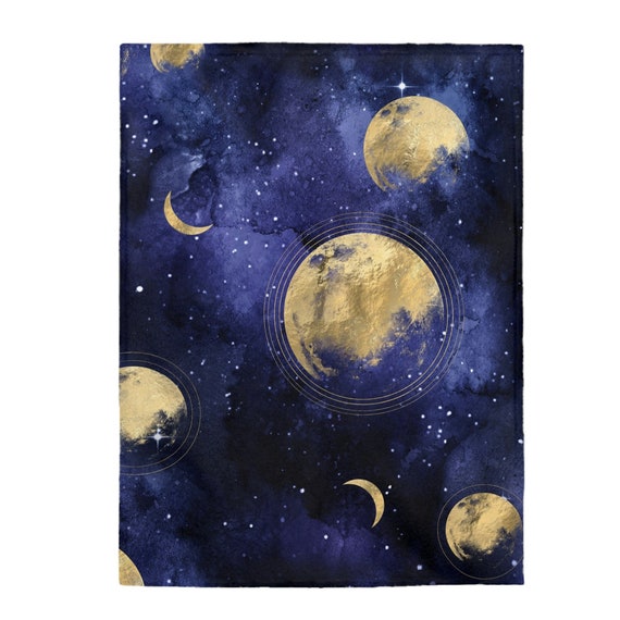 Velvet Blue and Gold Celestial Blanket, Moon Blanket, Housewarming Gift, Celestial Gifts, Beautiful Gifts, Plush, Moon and Stars, Boho Throw
