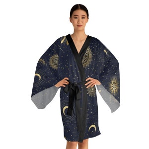 Boho Kimono Robe, Women&#39;s Short Kimono Robe Celestial, Moon and Stars Boho Beach Coverup, Silky Witchy Woman Boho Robe