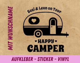 Personalisierter Aufkleber für Camper-Fans | Aufkleber für Wohnwagen mit Wunschname | Happy Camper Aufkleber | Autoaufkleber wasserfest