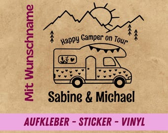 Personalisierter Aufkleber für Camper-Fans | Aufkleber für Wohnmobil mit Wunschname | Happy Camper Aufkleber | Autoaufkleber wasserfest