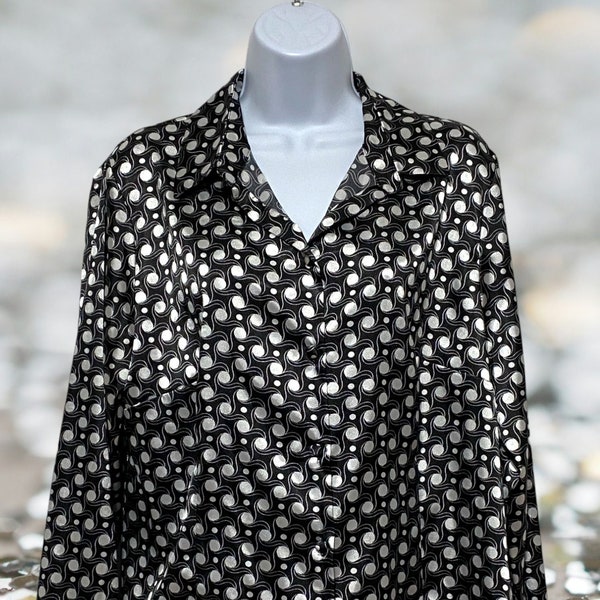 Women's Size XL Long Sleeve Blouse Multi-Color Polka Dot Button Down V-Neck Design-George