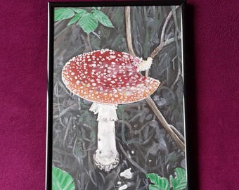 Fly Agaric Mushroom in Forest, Original Acrylic Painting on Paper in Frame A4 21 x 29.7 cm