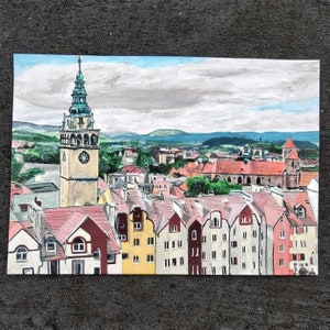 Acrylic Painting on Paper of Town Buildings