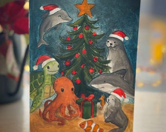 Sea Animal Christmas Card, Blank Greeting Card with Envelope A6 4.1 x 5.8 Inch