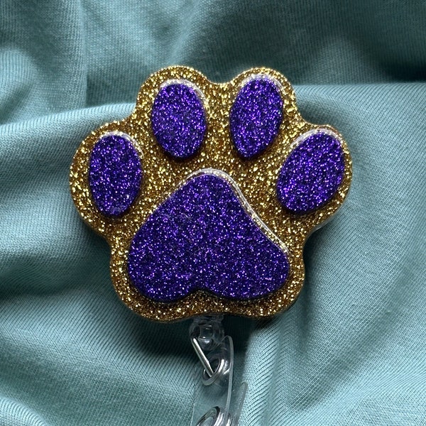 Resin Paw Print Gold & Purple Glitter Badge Reel