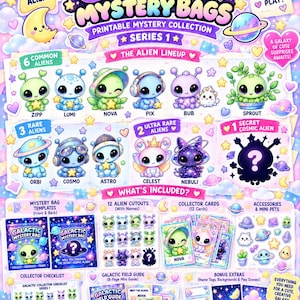 Puede incluir: Una colección imprimible Galactic Mystery Bags Series 1 con 12 personajes alienígenas originales, incluyendo tipos comunes, raros y ultra raros. Incluye plantillas de bolsas, recortes de alienígenas, tarjetas, guía y extras.