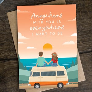 Niedliche Camper Van Valentinstag Karte für Reiseliebhaber, Van Life, Freund, für Ehemann, Freundin, Frau, Abenteuerliebhaber, Zitat, romantisch
