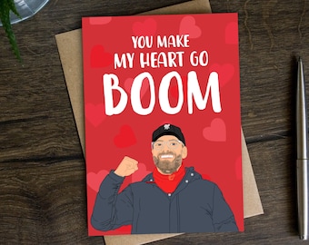 Grappige Klopp Valentijnsdag kaart voor vriend, voetbal bruiloft verjaardag kaart voor man, vriend, Jurgen, Make My Heart Boom, voetbal