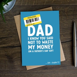 Lustige reduzierte Vatertagskarte für Papa, Stiefvater, Daddy, Verschwende dein Geld nicht, Reduktion, Gelber Aufkleber, Schnäppchenjäger, Frech, Humor