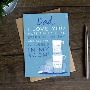 Funny Father's Day Card for Dad from Teenage Daughter or Son, Teen, Living At Home, Daddy, Stepdad, Messy Room, Cups In My Room, Glasses