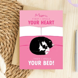 Lustige Muttertagskarte für Katzenmama, von der Katze, Haustiermama, Fellbaby, Kätzchen, Katzenliebhaber, Stola Your Bed, Herz, Tabby, Ginger, Smoking,