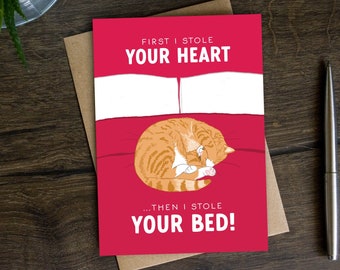 Funny Valentine's Day Card for Cat Lover, Cat Mom, Dad, Card from the Cat for Boyfriend, Husband, Girlfriend, Wife, Stole your bed, heart