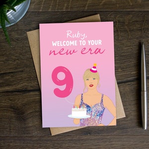 Personalisierte 9. Geburtstagskarte für Swifty, Tochter, Enkelin, Cousin, Neun, Neunte, 9-jährige, Mädchen, Eras, Bday Karte für Musikliebhaber