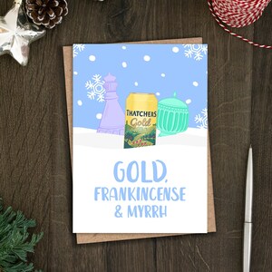 Lustige Cider Weihnachtskarte für Ihn, Goldene Weihnachtskarte für Sie, Freundin, Mutter, Krippenparodie, Weihrauch und Myrrhe, Somerset, Vater