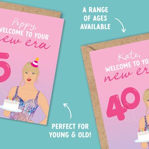 May include: Two pink birthday cards with a pink and white illustration of a woman holding a cake and a pink balloon with a number on it. The text on the cards says "Welcome to your new era". One card has the number 5 and the other has the number 40.