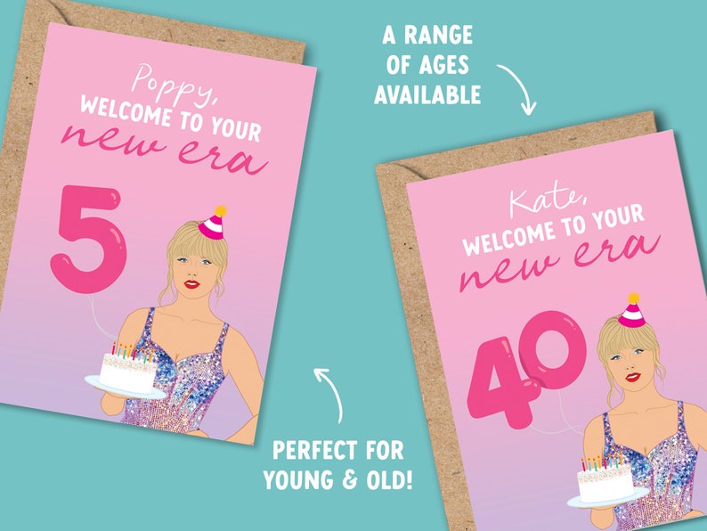 May include: Two pink birthday cards with a pink and white illustration of a woman holding a cake and a pink balloon with a number on it. The text on the cards says "Welcome to your new era". One card has the number 5 and the other has the number 40.